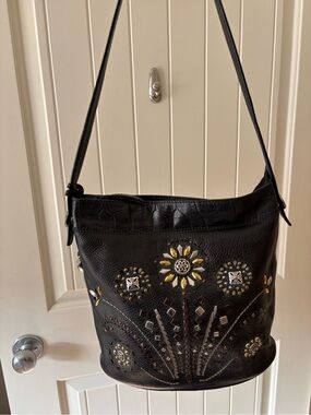 Brighton Harrah’s Garden Girl Black Leather Studded Floral Hobo Shoulder Bag